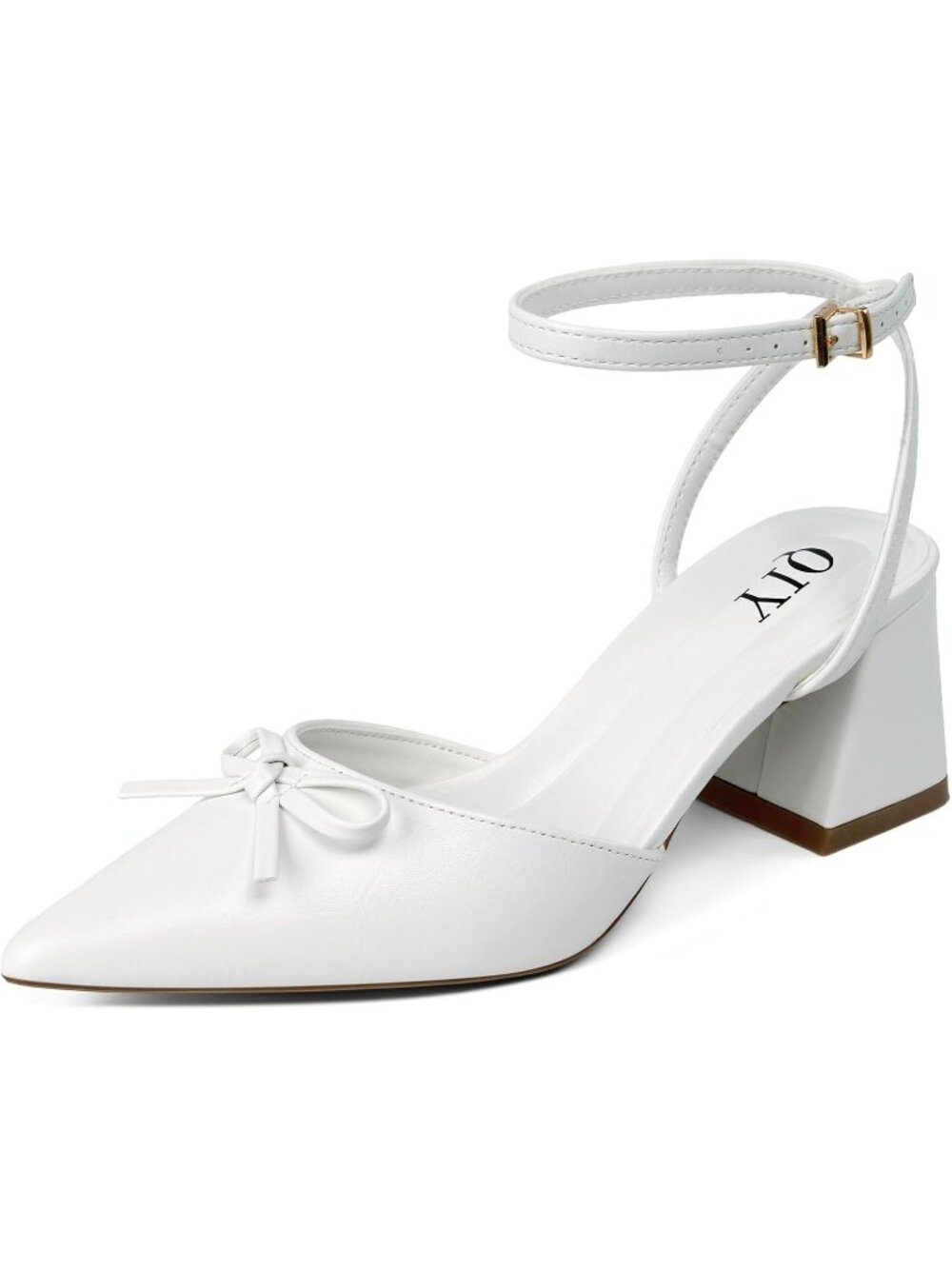 🆕Women's White Bow Pointed Toe Block Heels Chunky Ankle Strap Wedding Pumps
